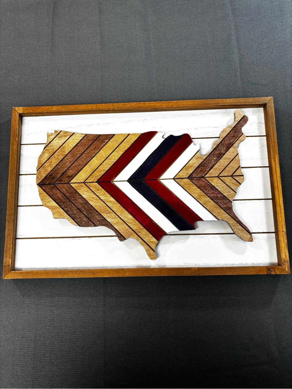 Wooden USA Map Wall Art with Red, White & Blue Chevron design, hang or easel